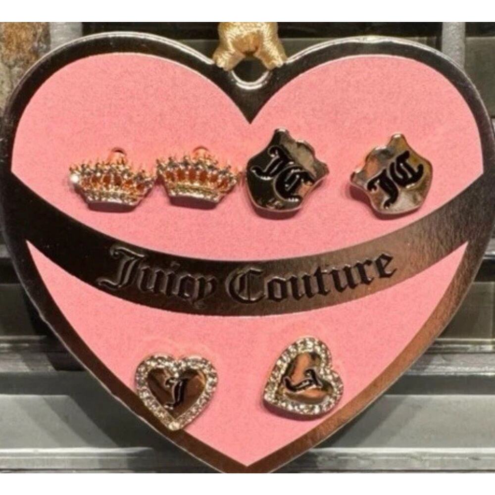Juicy Couture Set Of 3 Earrings Crown & Hearts Gold Tone Studs NWT